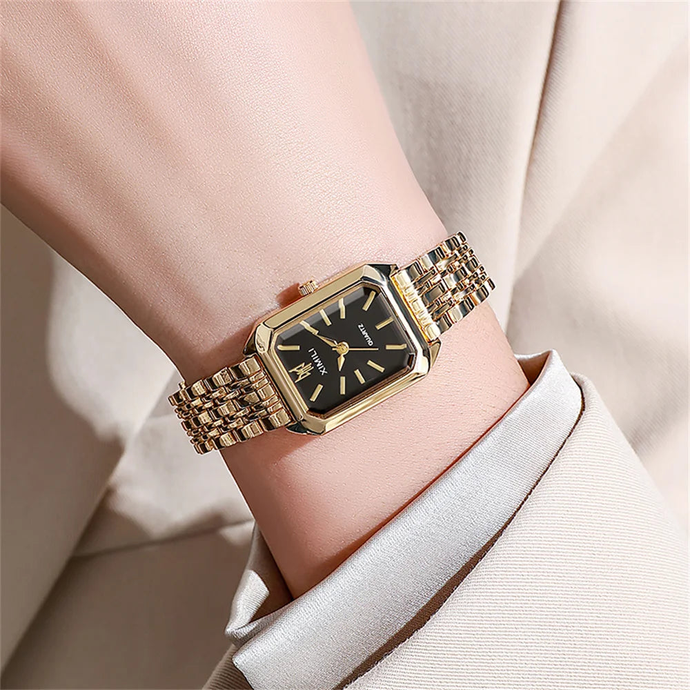 Square Gold-Plated Quartz Watch – Elegant Women black Women's Accessories
