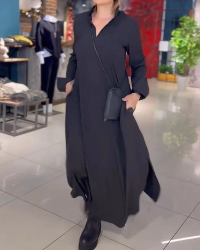 Brisa™ | Elegant Long-Sleeve V-Neck Maxi Dress Black Dresses