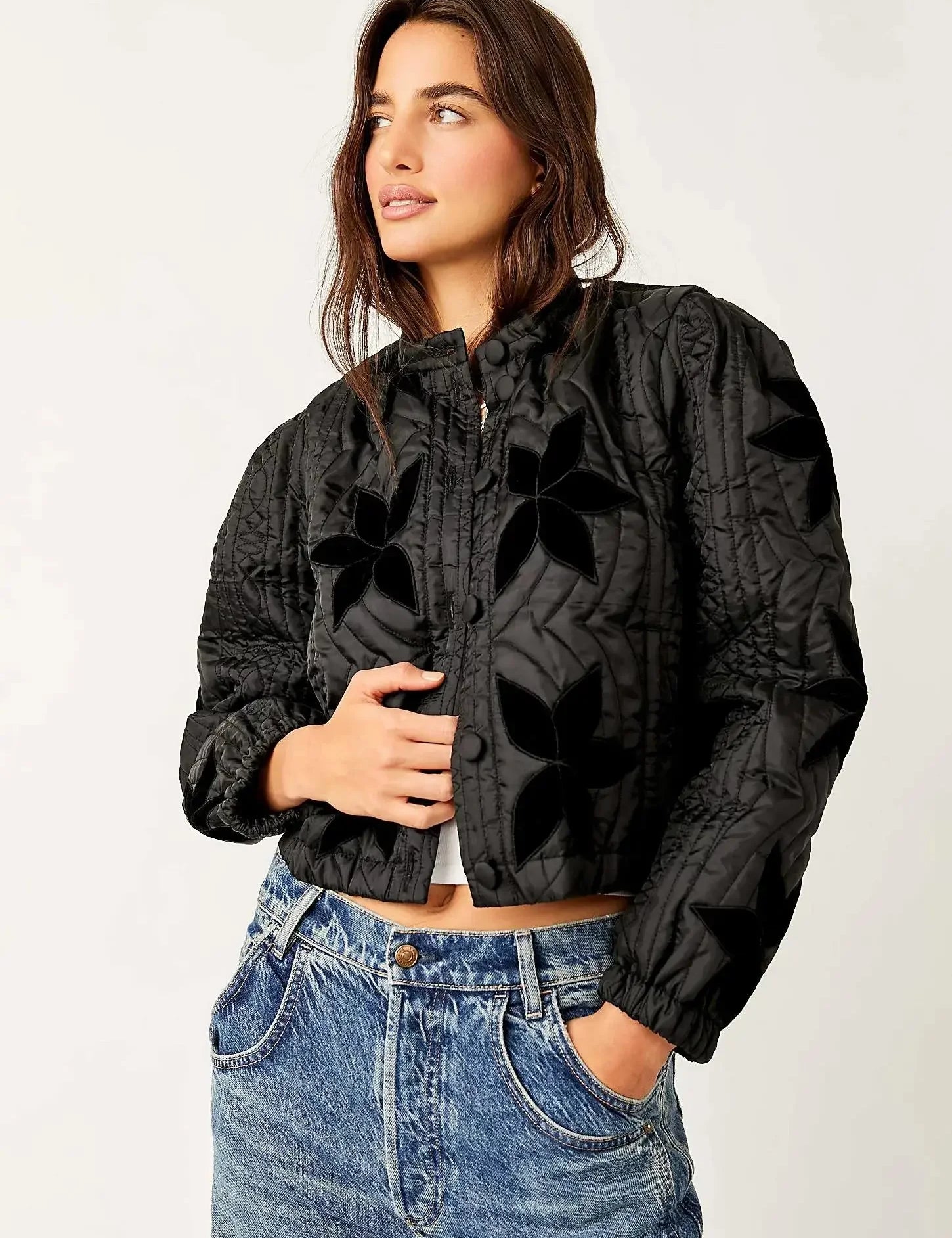 Print O-Neck Single-Breasted Jacket Black Jacket