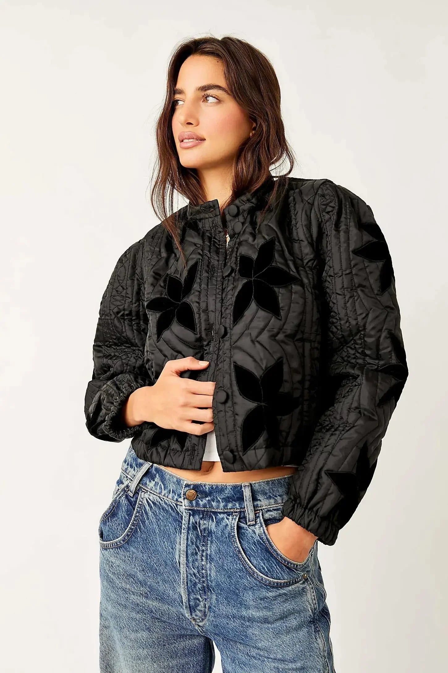 Print O-Neck Single-Breasted Jacket Black Jacket