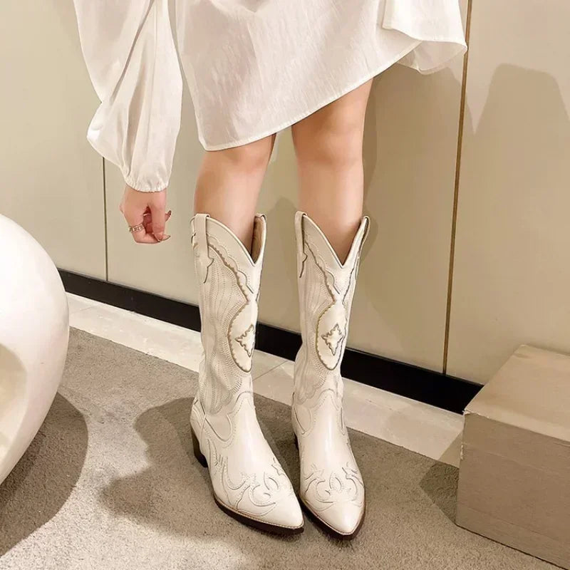 Vintage Square Toe Embroidered Western Cowboy Boots with Side Zipper Boots