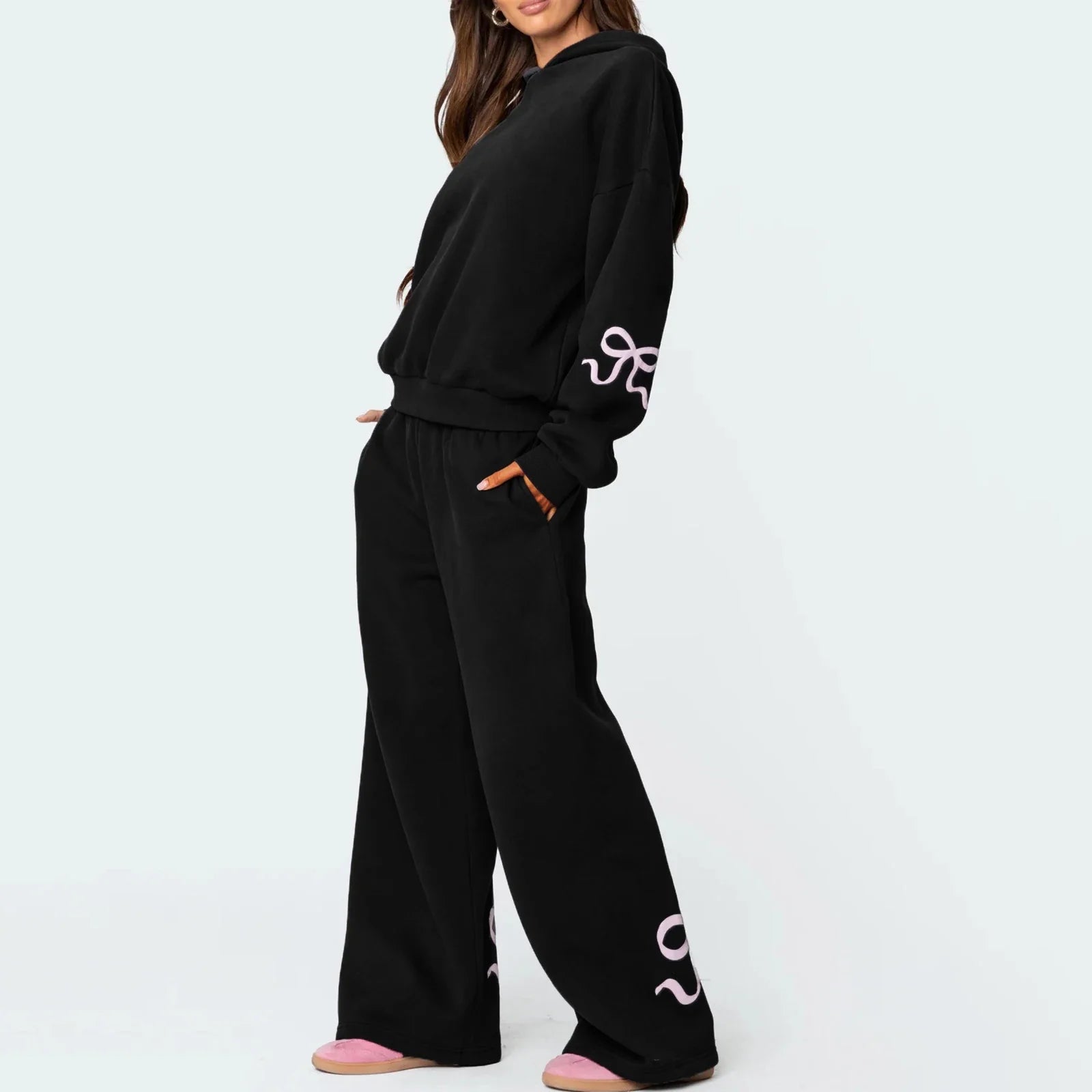 Women’s 2-Piece Bow Print Hoodie & Wide Leg Pants Set Black Two piece set