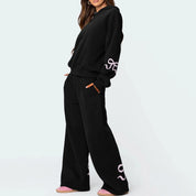 Women’s 2-Piece Bow Print Hoodie & Wide Leg Pants Set Black Two piece set