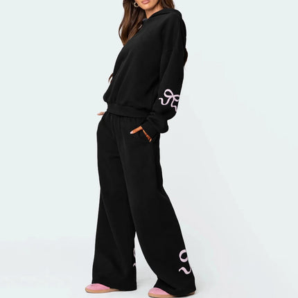 Women’s 2-Piece Bow Print Hoodie & Wide Leg Pants Set Black Two piece set