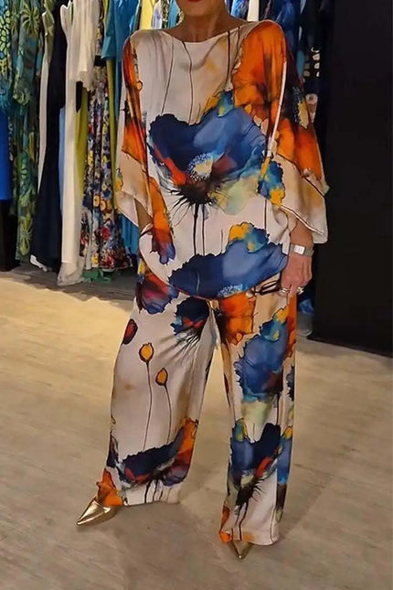 Daisy™ | Casual Round Neck Printed Set Blue Dresses