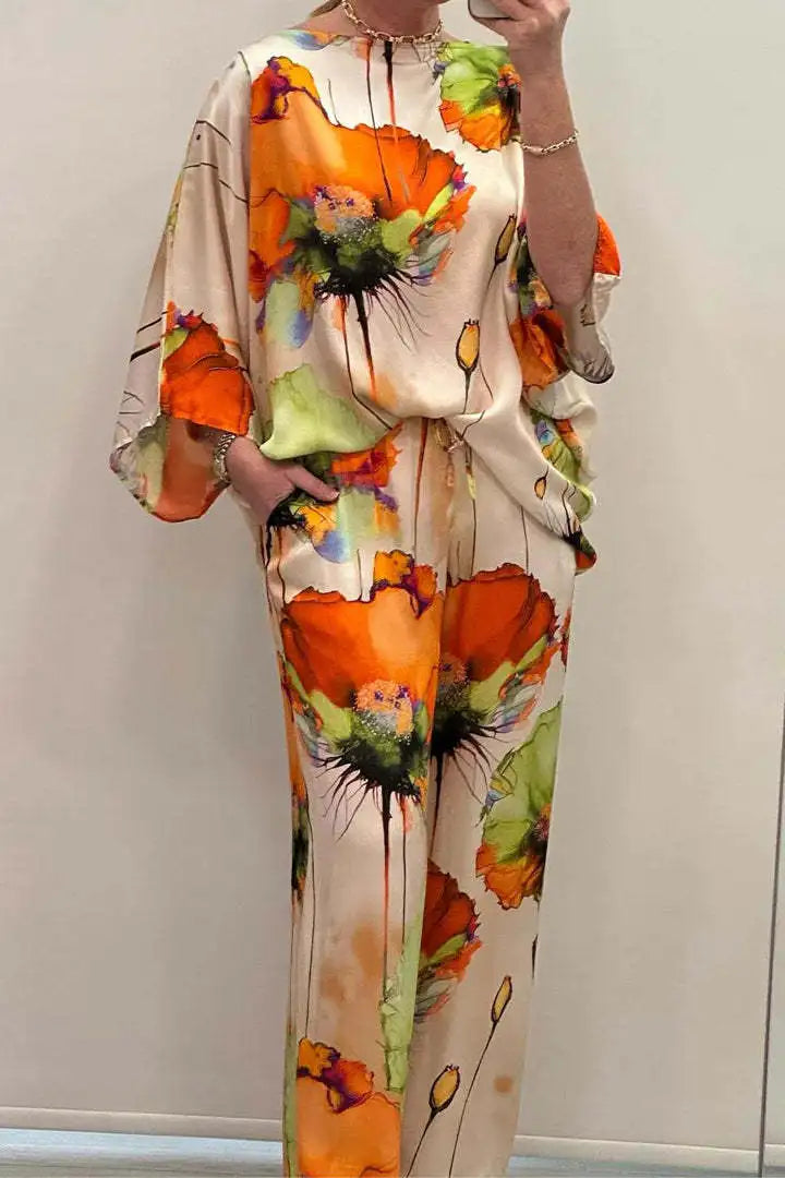 Daisy™ | Casual Round Neck Printed Set Orange Dresses