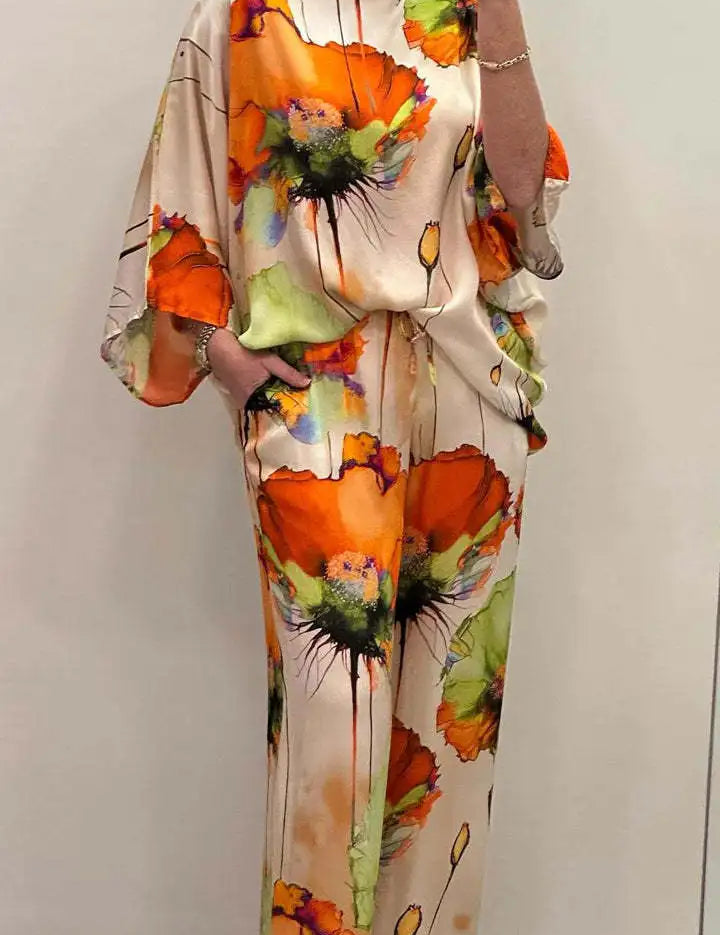 Daisy™ | Casual Round Neck Printed Set Orange Dresses