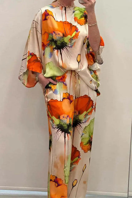 Daisy™ | Casual Round Neck Printed Set Orange Dresses