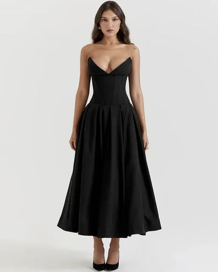 Fiona | Black Strapless Corset Midi Dress Black Dresses