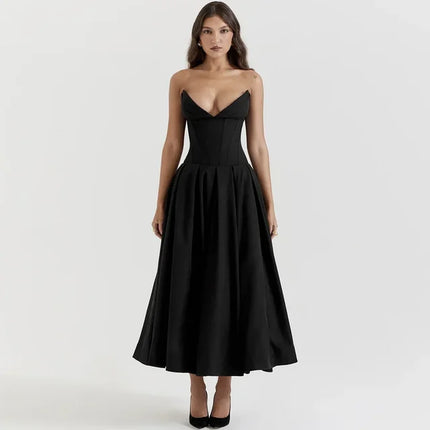 Fiona | Black Strapless Corset Midi Dress Black Dresses