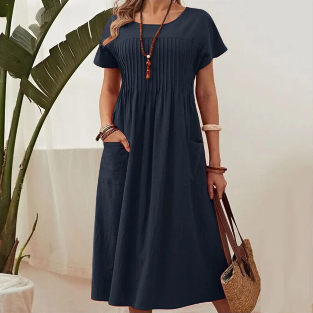 Danika | Vintage-Inspired Loose Fit Cotton Dress Navy Blue Dresses