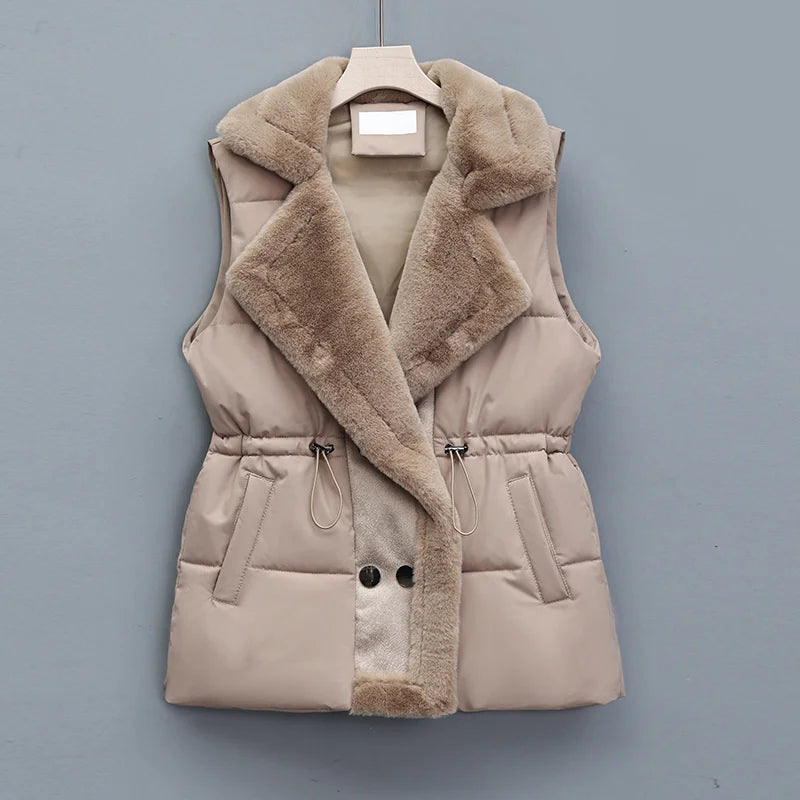 Elegant Layering Vest – Faux-Fur Collar Puffer Khaki Women's Jacket