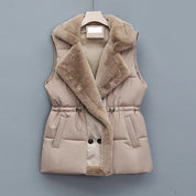 Elegant Layering Vest – Faux-Fur Collar Puffer Khaki Women's Jacket
