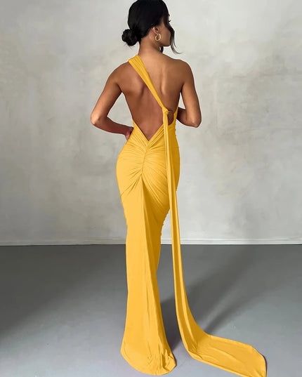 Hugcitar One‑Shoulder Ruched Maxi Dress Yellow Dresses