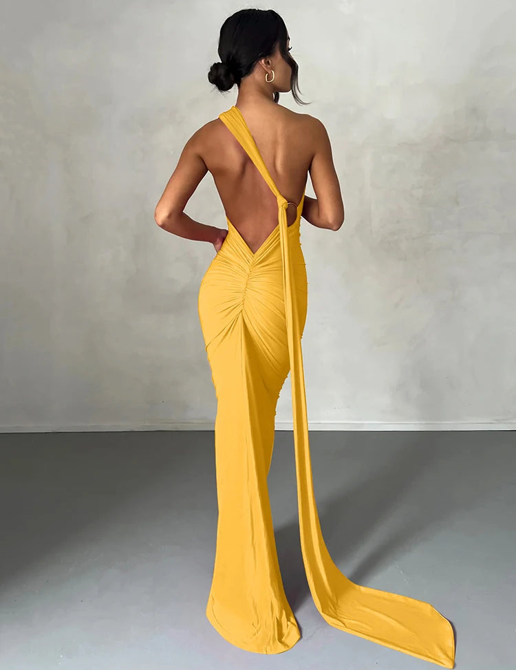 Hugcitar One‑Shoulder Ruched Maxi Dress Yellow Dresses