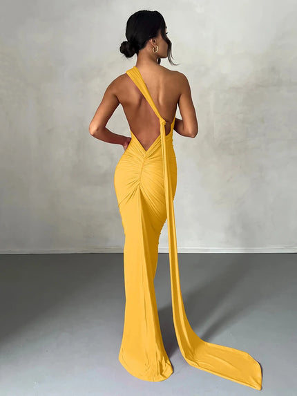Hugcitar One‑Shoulder Ruched Maxi Dress Yellow Dresses