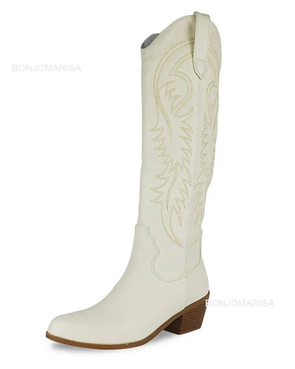 Chunky Heel Cowboy Cowgirl Boots Beige Boots
