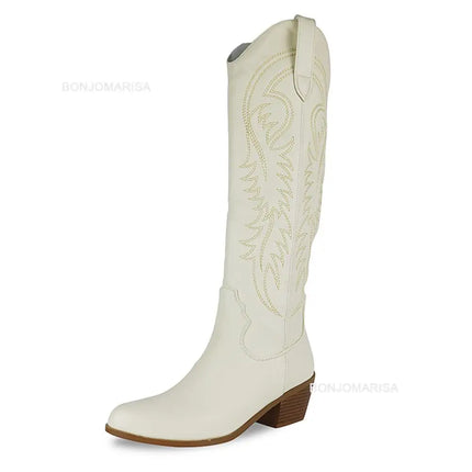 Chunky Heel Cowboy Cowgirl Boots Beige Boots
