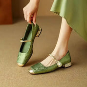 Verona Pearl Pumps – Silk-Textured Low Heels Green Women Shoes