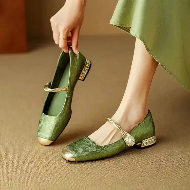 Verona Pearl Pumps – Silk-Textured Low Heels Green Women Shoes