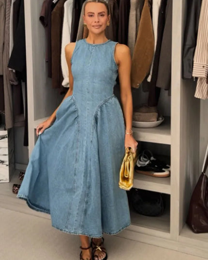 Women’s Pleated High-Waist A-Line Denim Dress – Backless & Sleeveless Party Dress L Blue Dresses
