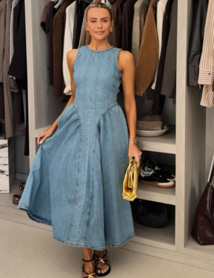 Women’s Pleated High-Waist A-Line Denim Dress L Blue Dresses