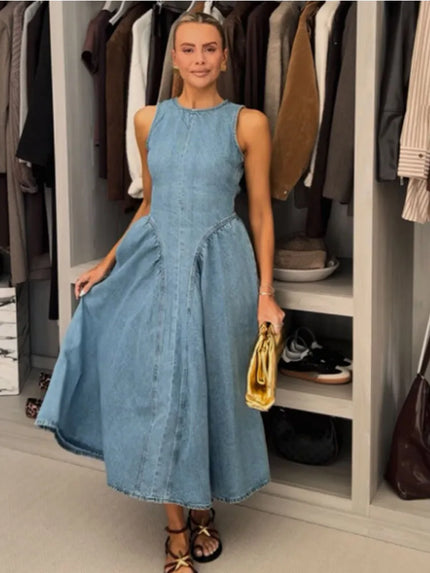 Women’s Pleated High-Waist A-Line Denim Dress L Blue Dresses