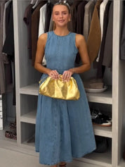 Women’s Pleated High-Waist A-Line Denim Dress M Blue Dresses