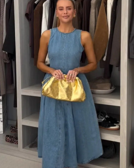 Women’s Pleated High-Waist A-Line Denim Dress – Backless & Sleeveless Party Dress M Blue Dresses