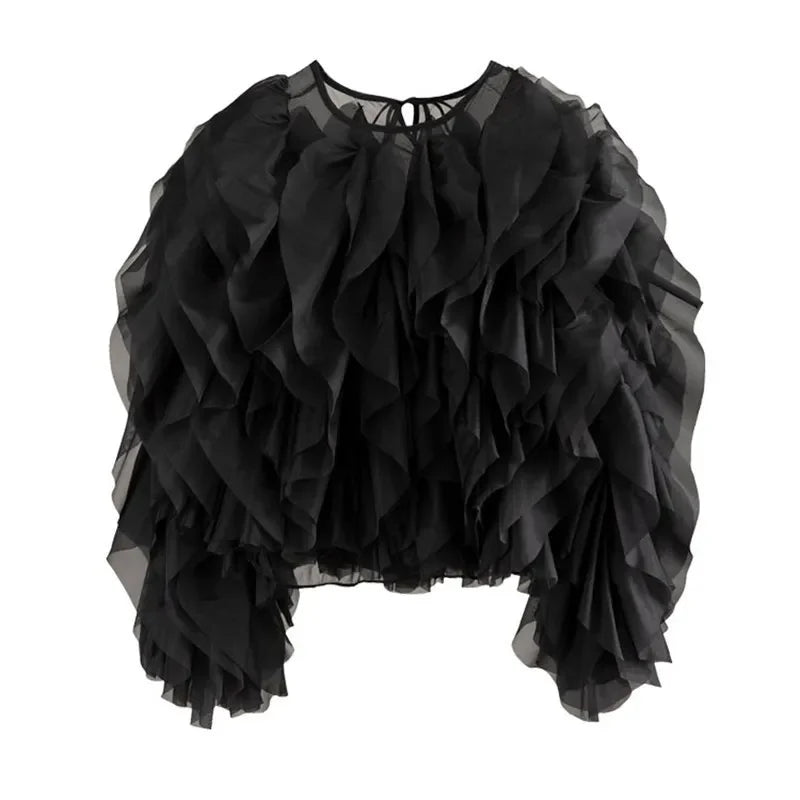 Karissa | Elegant Ruffles Sleeved Blouse Black Blouse