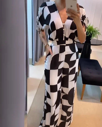 Women's Casual V-Neck Geometric Print Wide Leg Jumpsuit Jumpsuit