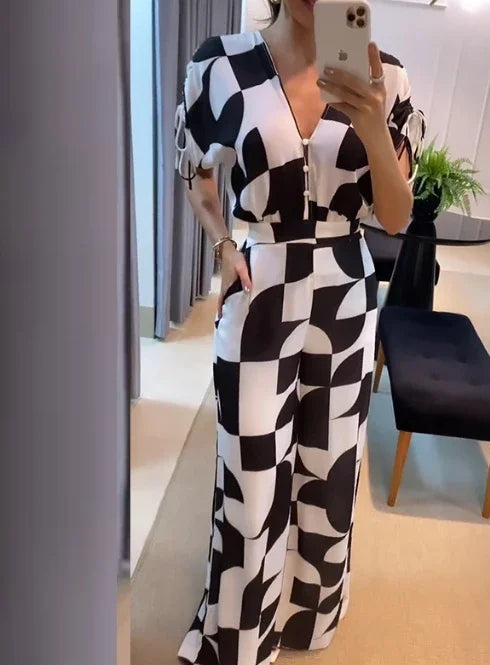 Women's Casual V-Neck Geometric Print Wide Leg Jumpsuit Jumpsuit
