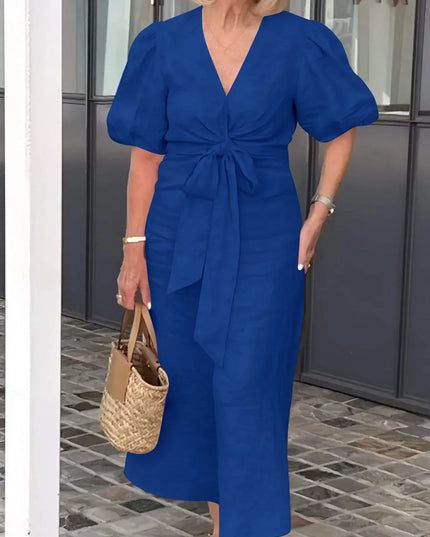 Esther | V-Neck Cotton Dress With Laces Blue Dresses