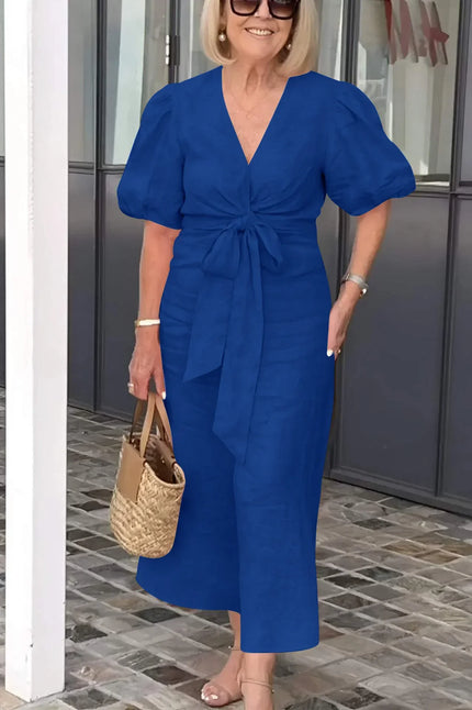 Esther | V-Neck Cotton Dress With Laces Blue Dresses