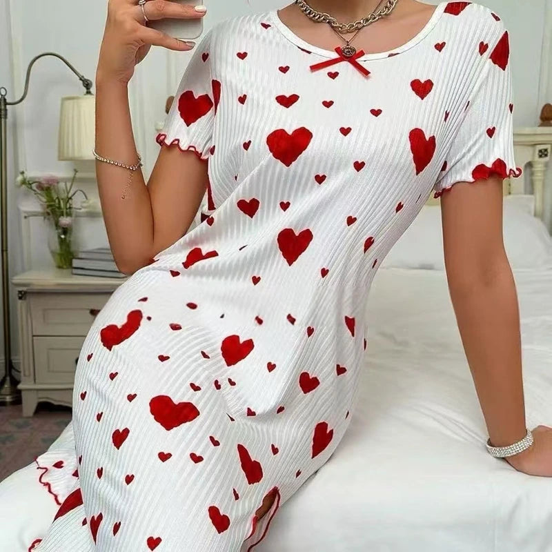 Women's Heart-Print Casual Short-Sleeve Nightdress Women's Tops