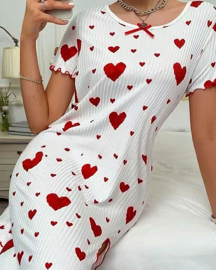 Women's Heart-Print Casual Short-Sleeve Nightdress Women's Tops