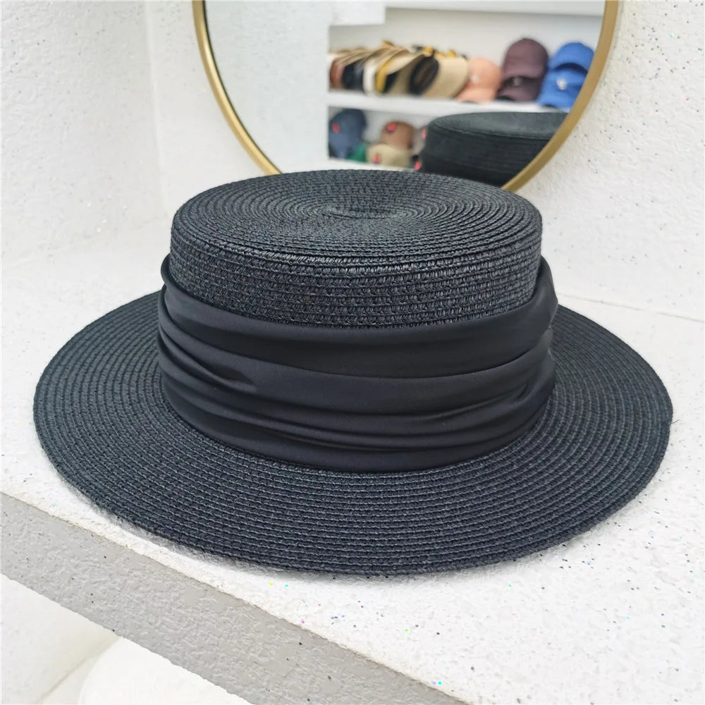 New Fedoras Summer Women's Boater Beach Hat Wide Side Female Casual Panama Hat Lady Classic Flat Bowknot Straw Sun Hat Women Black 54-58cm