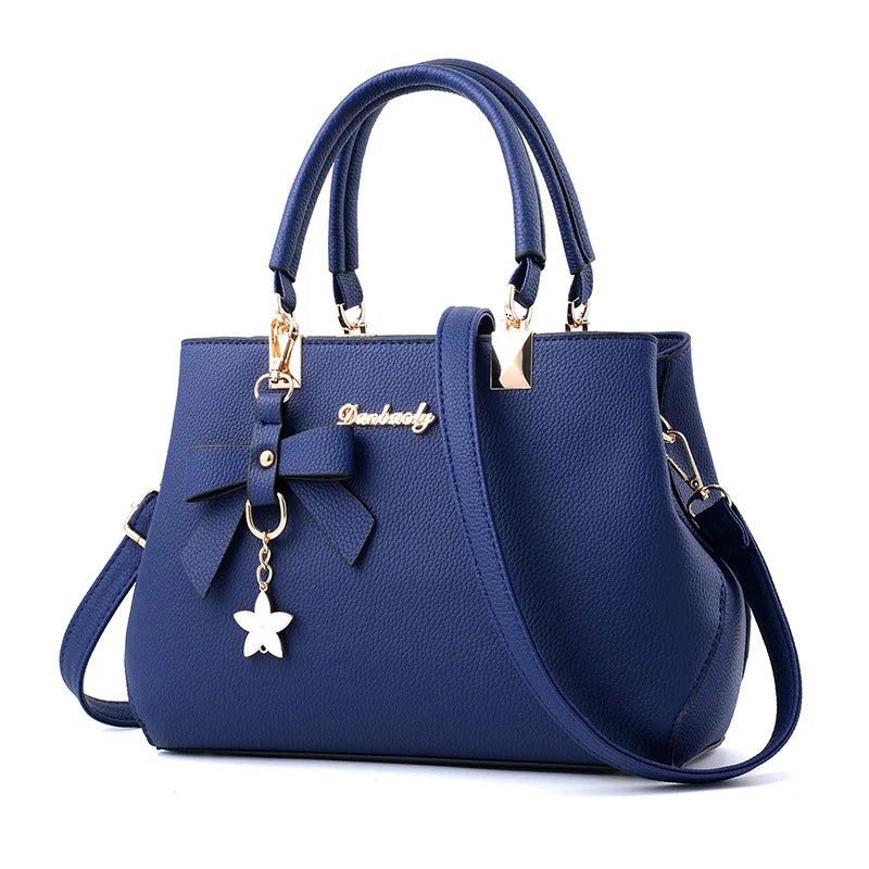 Elegant Women's Messenger Bag with Flower Pendant darkblue 28cmx11cmx19cm Shoulder Bags