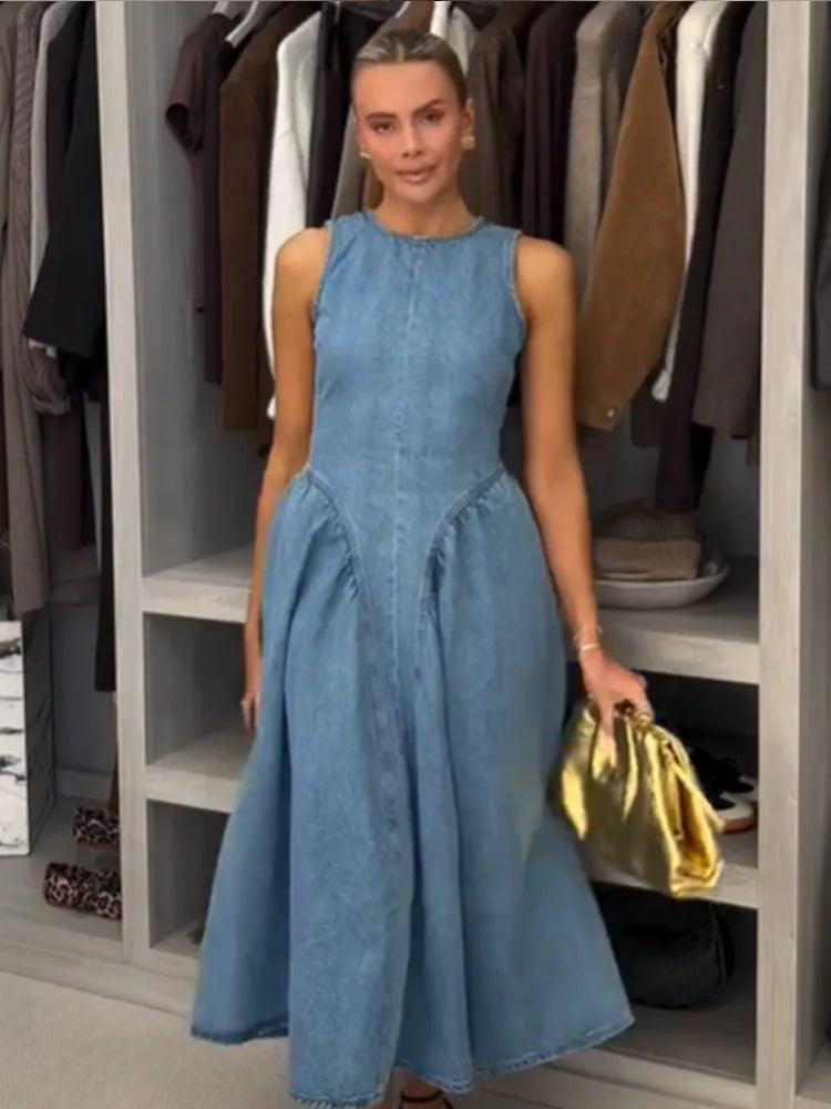 Women’s Pleated High-Waist A-Line Denim Dress XL Blue Dresses