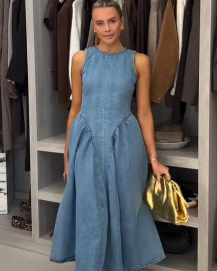 Women’s Pleated High-Waist A-Line Denim Dress – Backless & Sleeveless Party Dress XL Blue Dresses