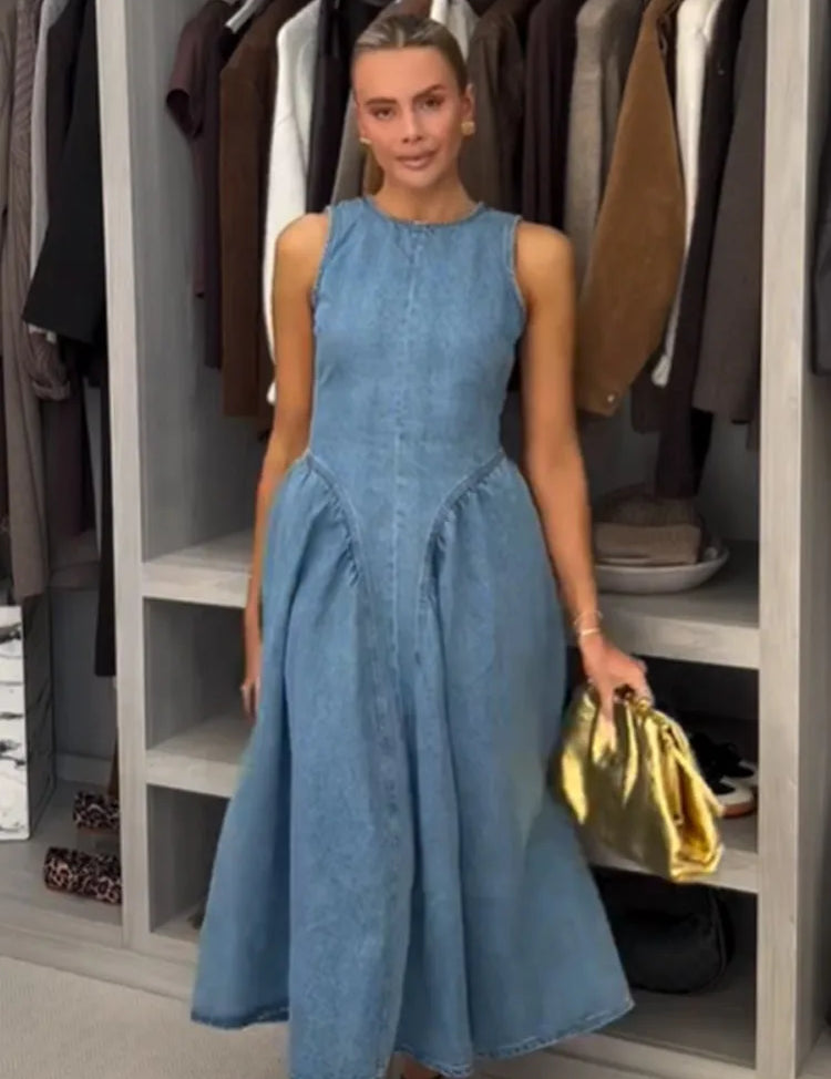 Women’s Pleated High-Waist A-Line Denim Dress XL Blue Dresses