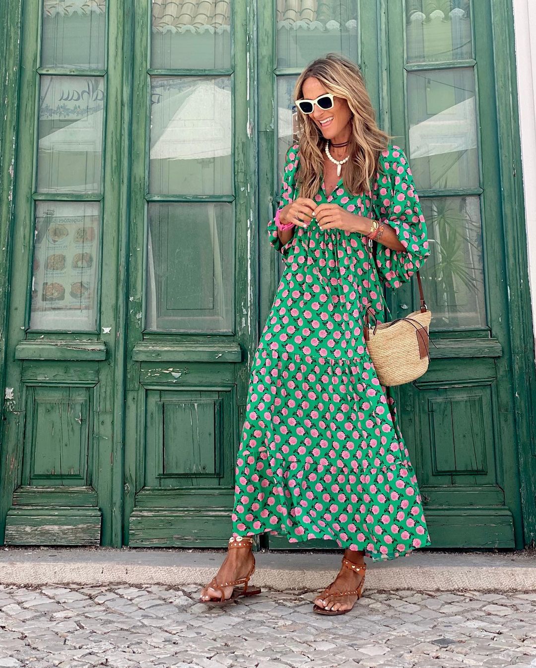 Bianca Bohemian Maxi Dress Green-Pink Dresses