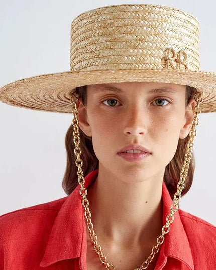 Handmade Straw Sun Hat with Metal Chain for Women Hats