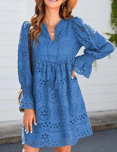 Vintage Eyelet Cotton Midi Dress Blue Dresses