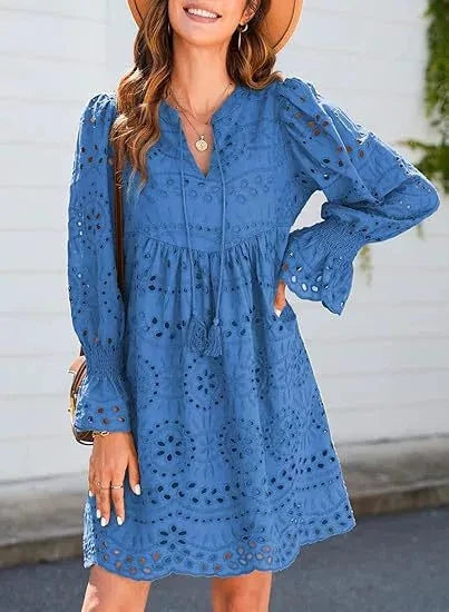 Vintage Eyelet Cotton Midi Dress Blue Dresses