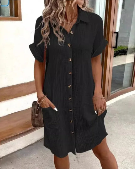 Camille™ | Casual Pleated Lapel Mini Shirt Dress Black
