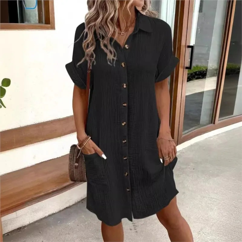 Camille | Casual Pleated Lapel Mini Shirt Dress Black