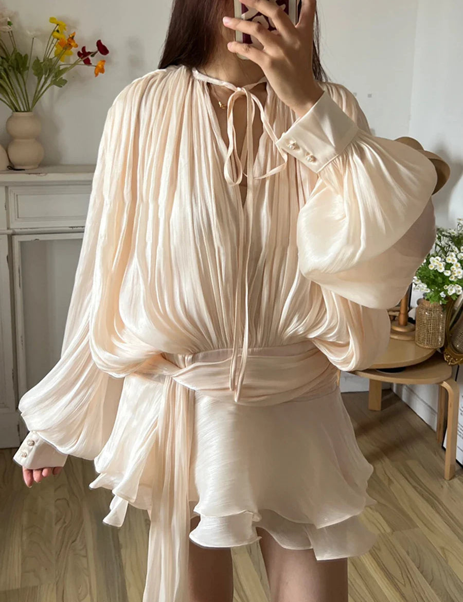 Ivana™ | Lacy V-neck Sleeved Mini Dress Apricot Dresses