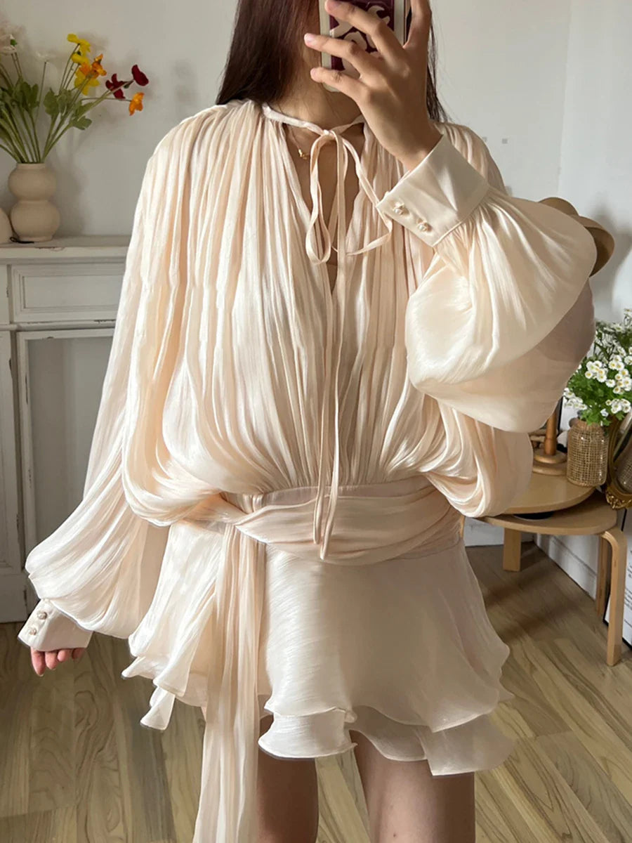 Ivana™ | Lacy V-neck Sleeved Mini Dress Apricot Dresses