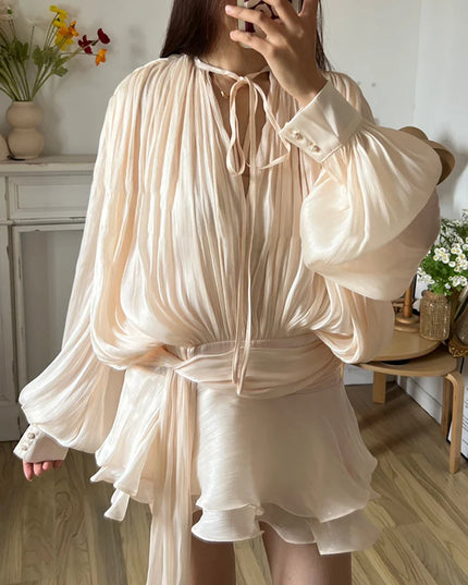 Ivana™ | Lacy V-neck Sleeved Mini Dress Apricot Dresses